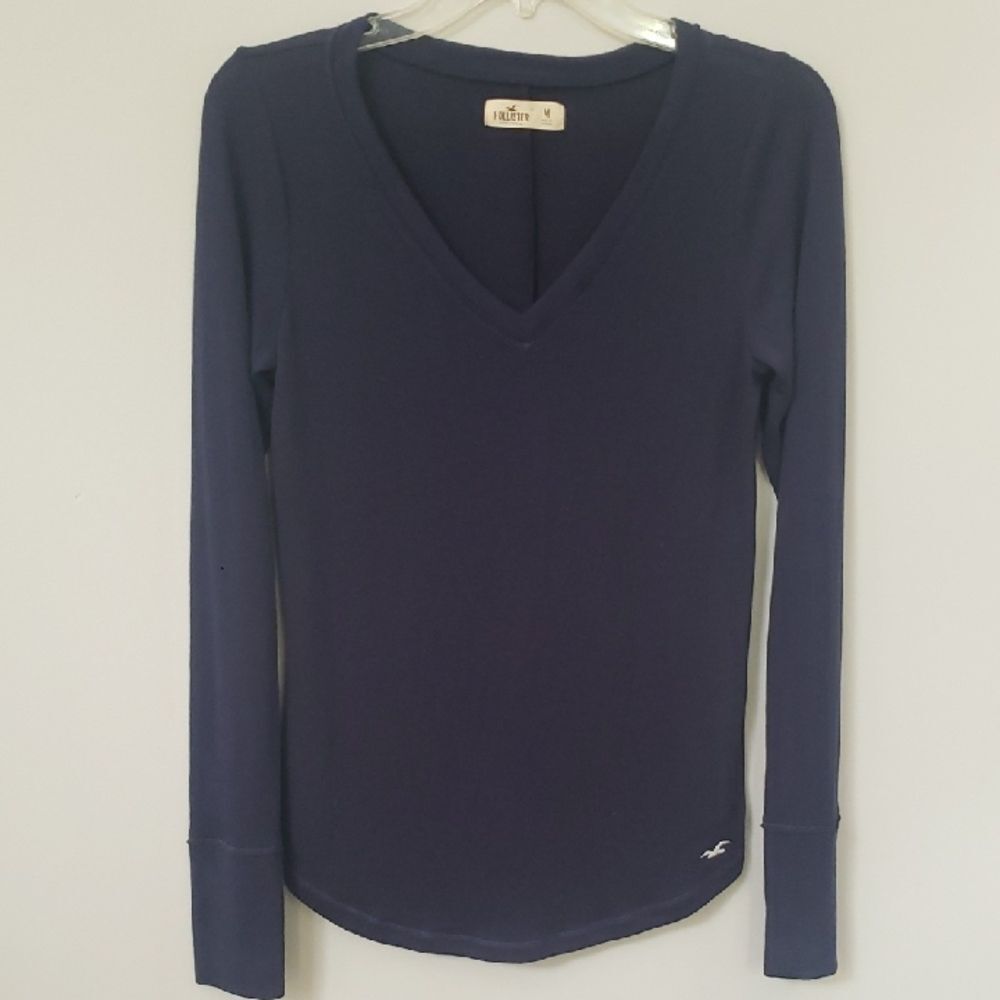Y2K Hollister Top Womens M Navy Blue V-Neck Extra Long Sleeve Lightweight Knit